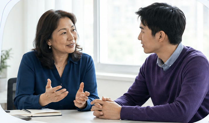 A mentor sharing advice with a mentee at a desk