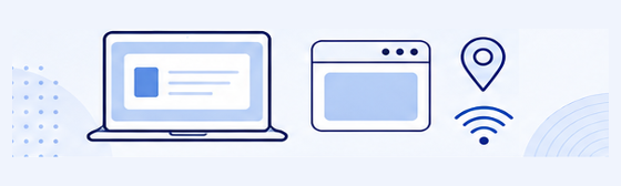 Laptop, browser window, location pin and wifi