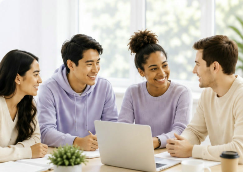 A diverse group of students and professionals smiling together around a laptop, beside a poster reading One Connection. One Conversation. One Future Changed Forever.