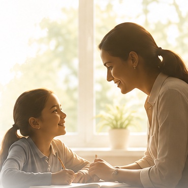 A mother and daughter learning together at a sunlit table