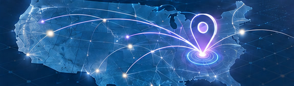 A glowing network map of the United States with a location pin