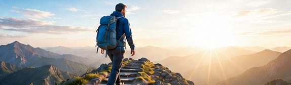 A hiker reaching a mountain summit at sunrise