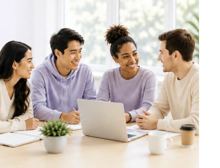 Four young people collaborating around a laptop
