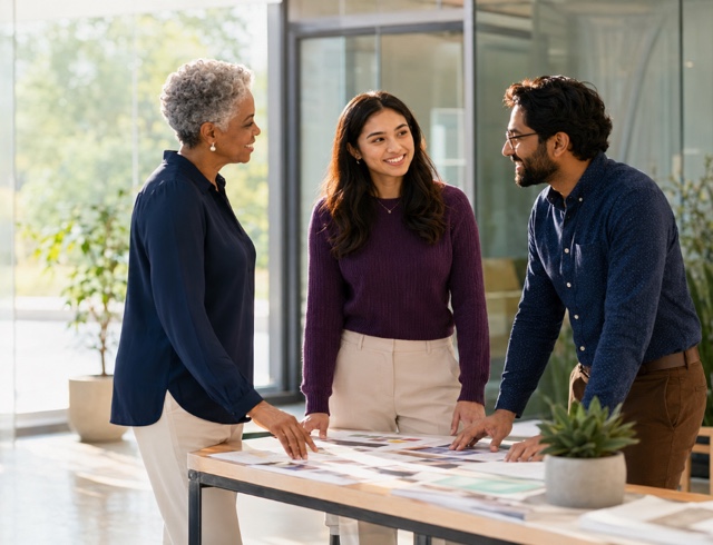 A mentor and two mentees reviewing work together at a table