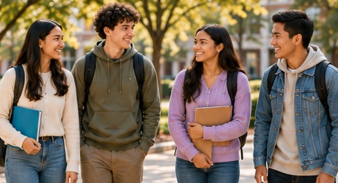 Four high school students walking and talking on campus