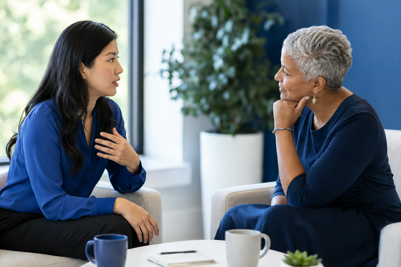 Two women in a warm one-on-one conversation over coffee