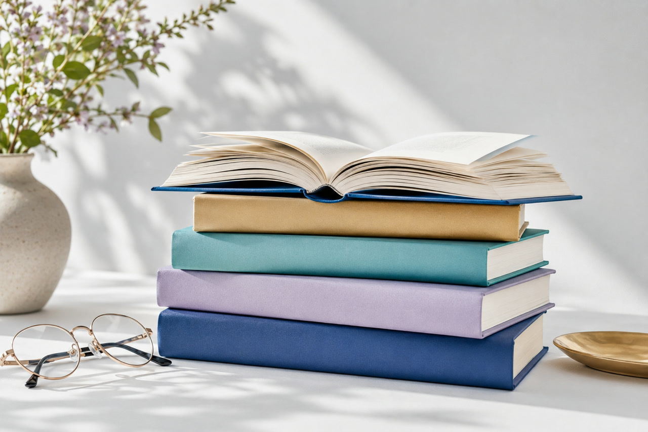 A stack of books beside a small plant and a mug